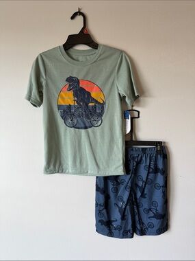 Kids Dino Bike Short Pajama Set - Sage Green Top & Navy Shorts